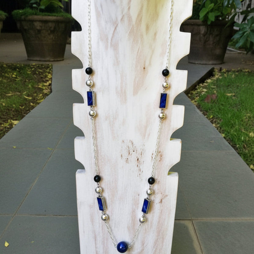Collar Largo Plata 950 Sodalita Azul y Obsidiana