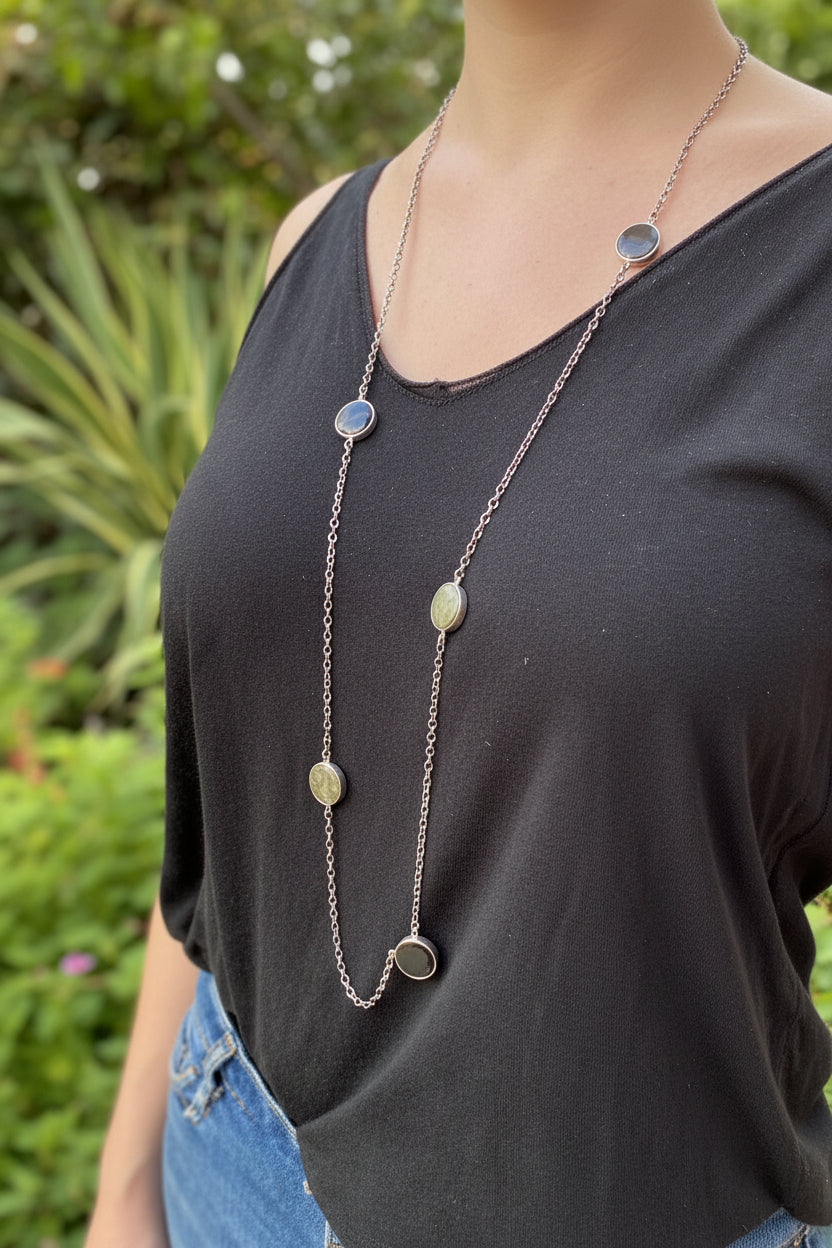 Collar Largo Serpentina y Obsidiana Negra Plata 950