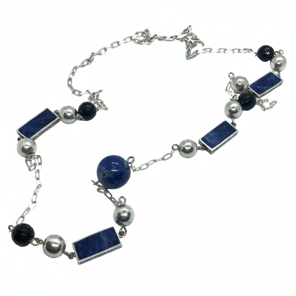 Collar Largo Plata 950 Sodalita Azul y Obsidiana