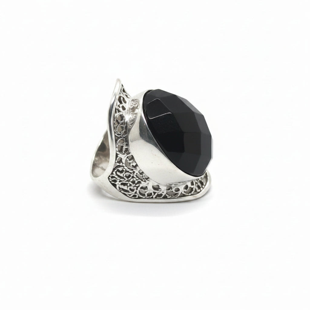 Anillo de Plata 950  Obsidiana Negra Facetada | Joyería Artesanal