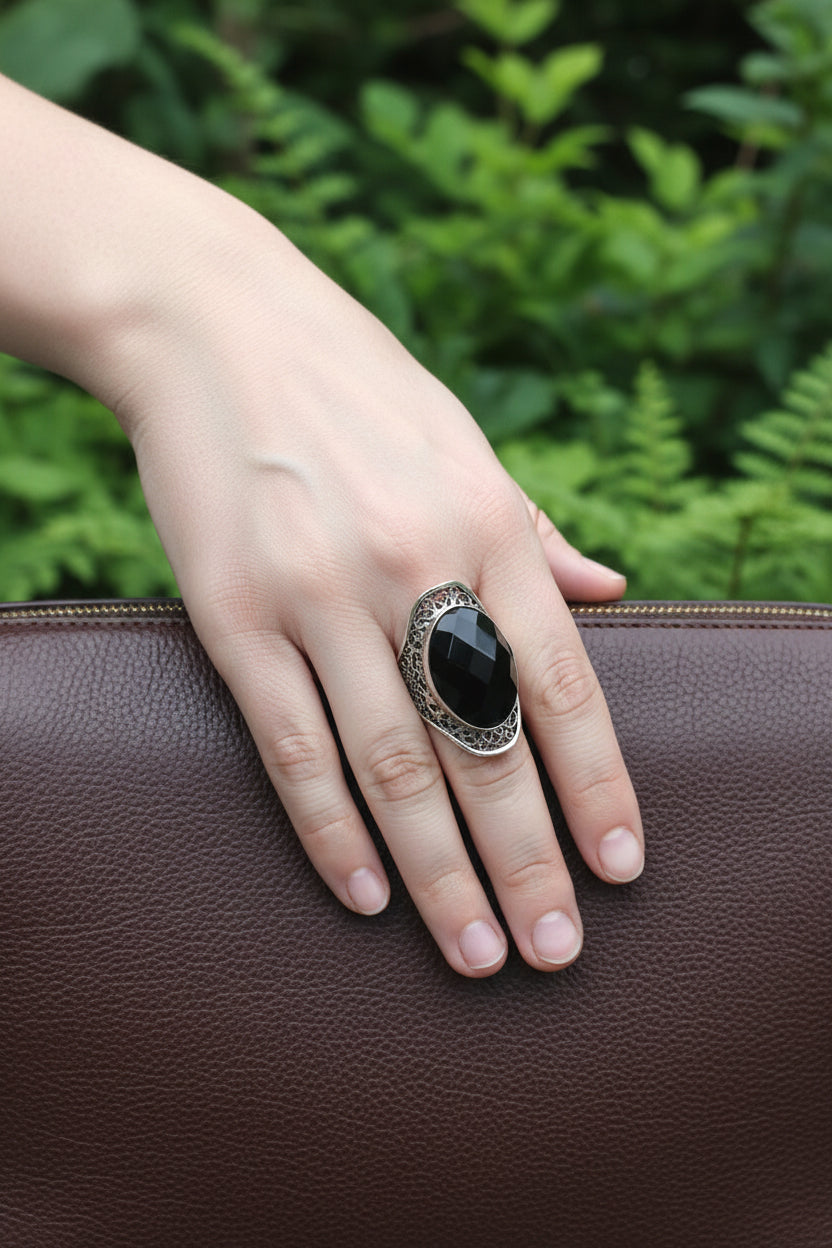 Anillo de Plata 950  Obsidiana Negra Facetada | Joyería Artesanal