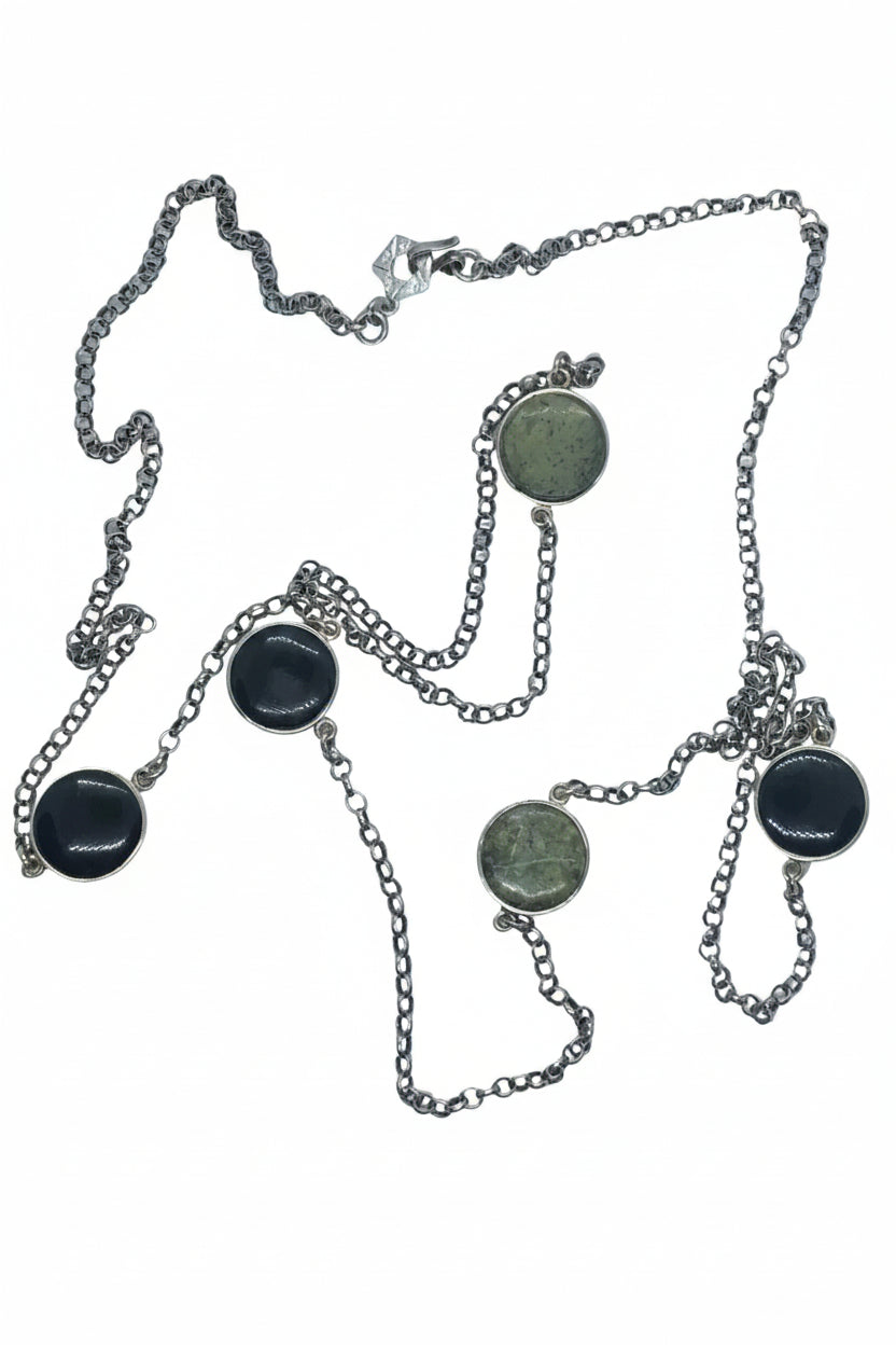 Collar Largo Serpentina y Obsidiana Negra Plata 950
