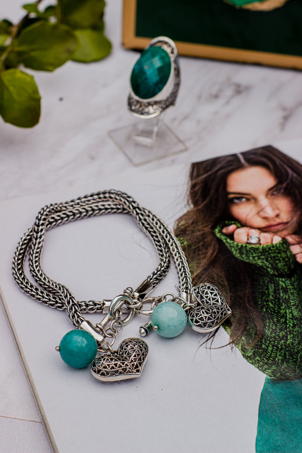 Pulsera Cadena Trenzada Plata 950 con Dije y Piedra Natural