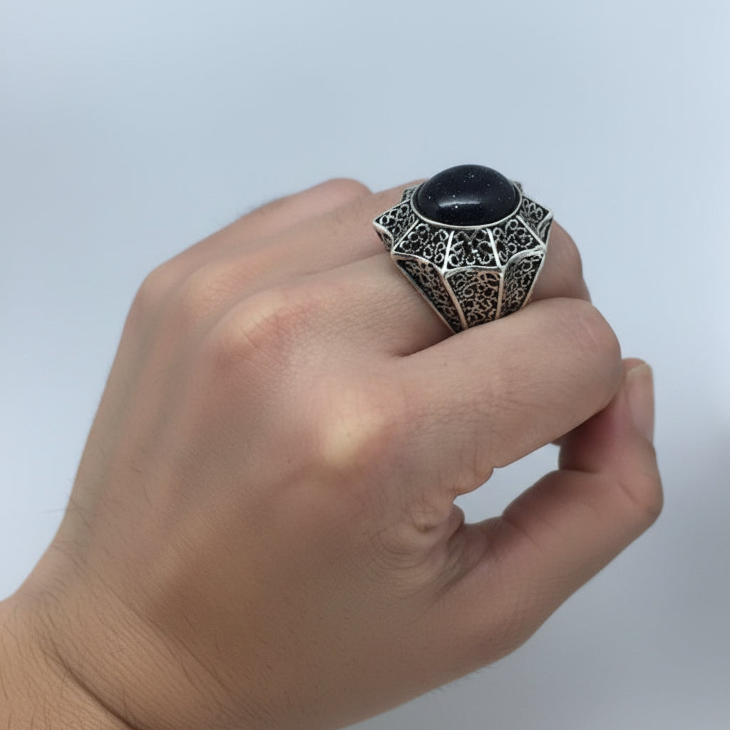 Anillo de Plata 950 Obsidiana negra circular| Joyería Artesanal