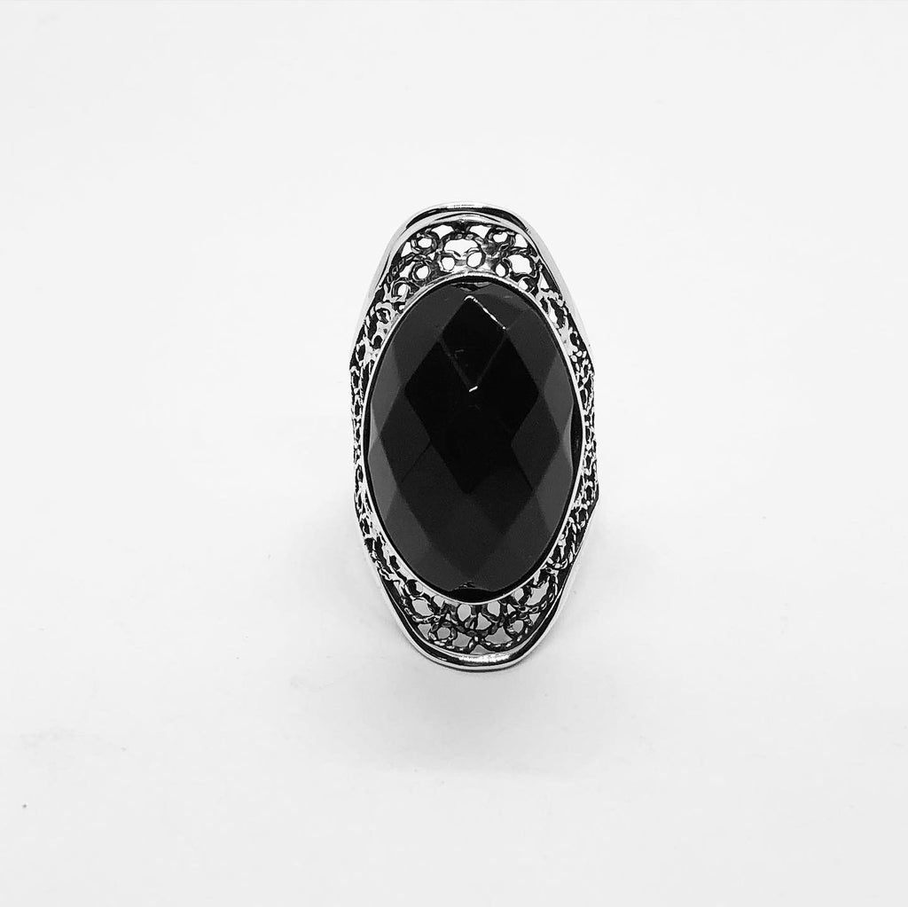 Anillo de Plata 950  Obsidiana Negra Facetada | Joyería Artesanal