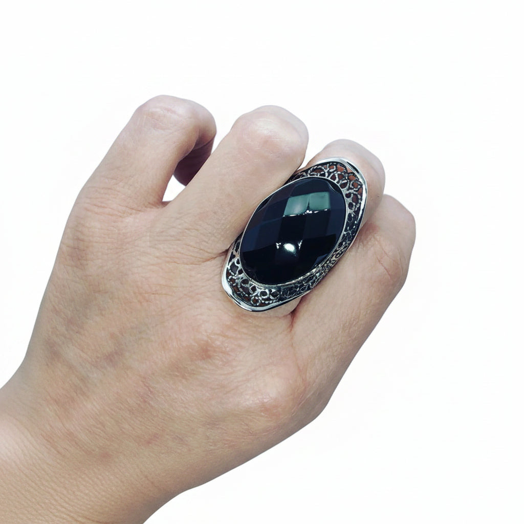 Anillo de Plata 950  Obsidiana Negra Facetada | Joyería Artesanal