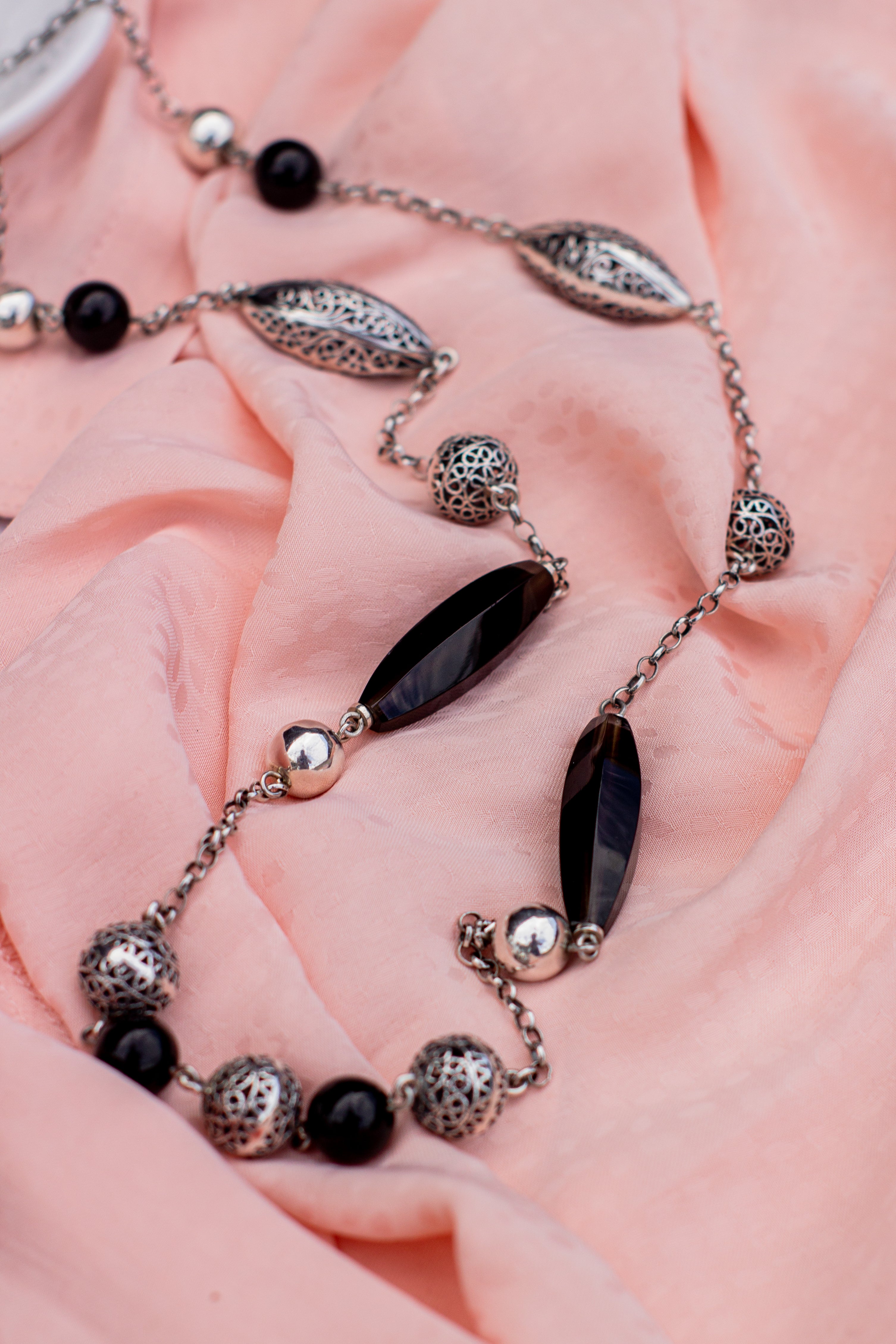 Collar Largo Plata 950 Obsidiana y Cuarzo Fumé | Edición Única