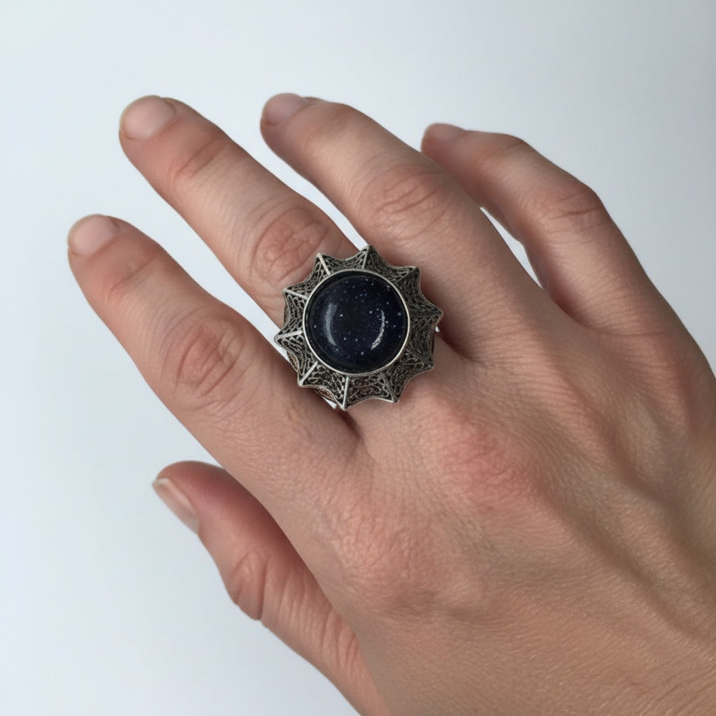 Anillo de Plata 950 Obsidiana negra circular| Joyería Artesanal